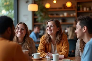 A group of diverse friends happily meeting and chatting in a cafe, representing a local meetup.
